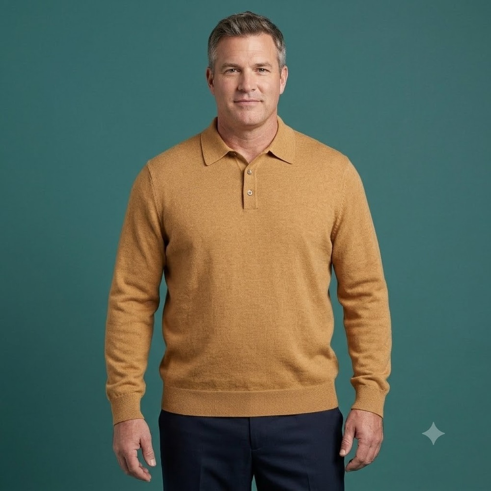 Jos A Bank Merino Wool Polo Sweater Men's XL Tan Brown Long Sleeve